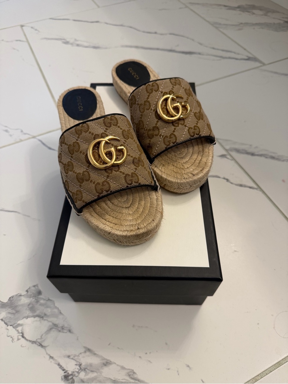 Gucci Brown GG Logo Espadrille Slide Mules with Gold Hardware